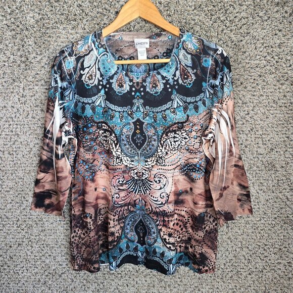 Chicos Top Womens 2‎ US Large Blue Embellished Scoop Neck Tee Casual Ladies - Picture 1 of 7